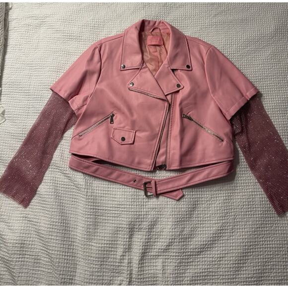 Azalea Wang Acerola Bling Rhinestone Sleeve Moto Jacket Pink 1X Pretty - Picture 1 of 9